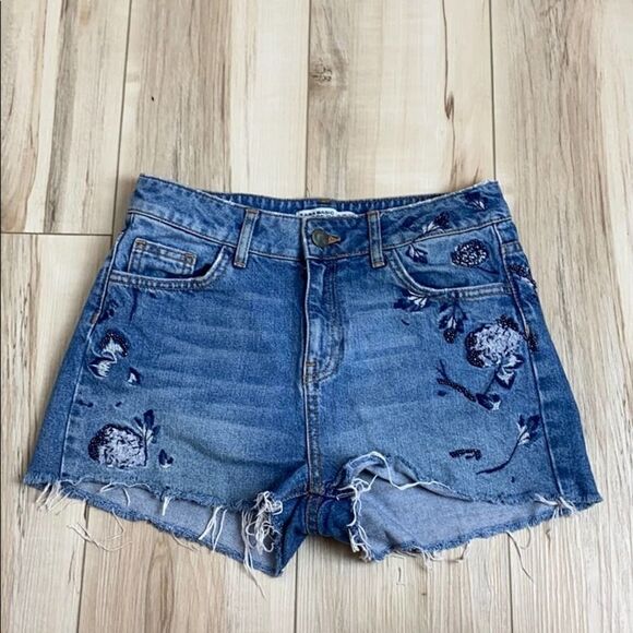 Zara Basic Denim High Waist Shorts Embroidered 2 - Picture 1 of 5